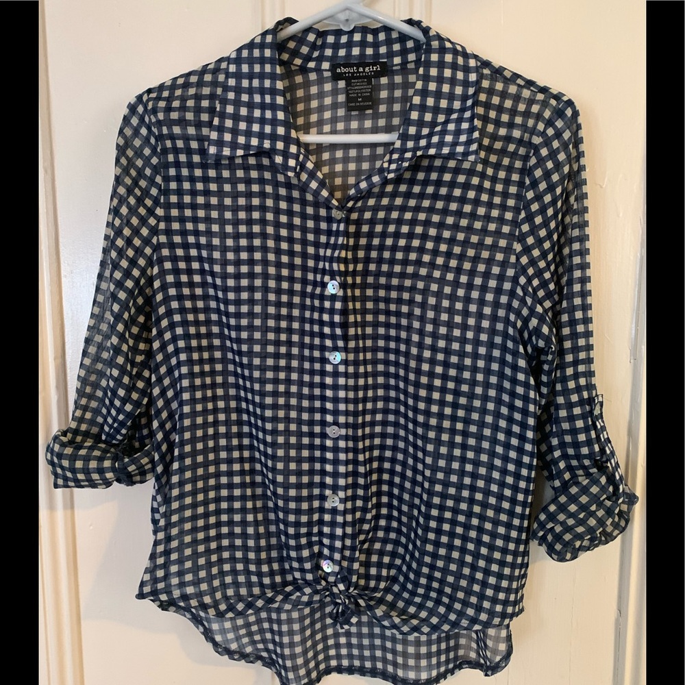 Blue & white plaid sheer blouse